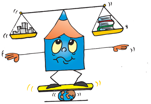 Mascote equilibrando uma balança entre cidade e livros
